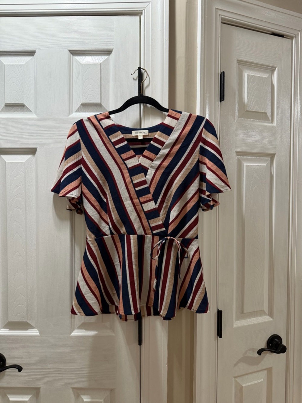 Striped V-Neck Tie-Waist Peplum Top in Navy, Burgundy & Beige
